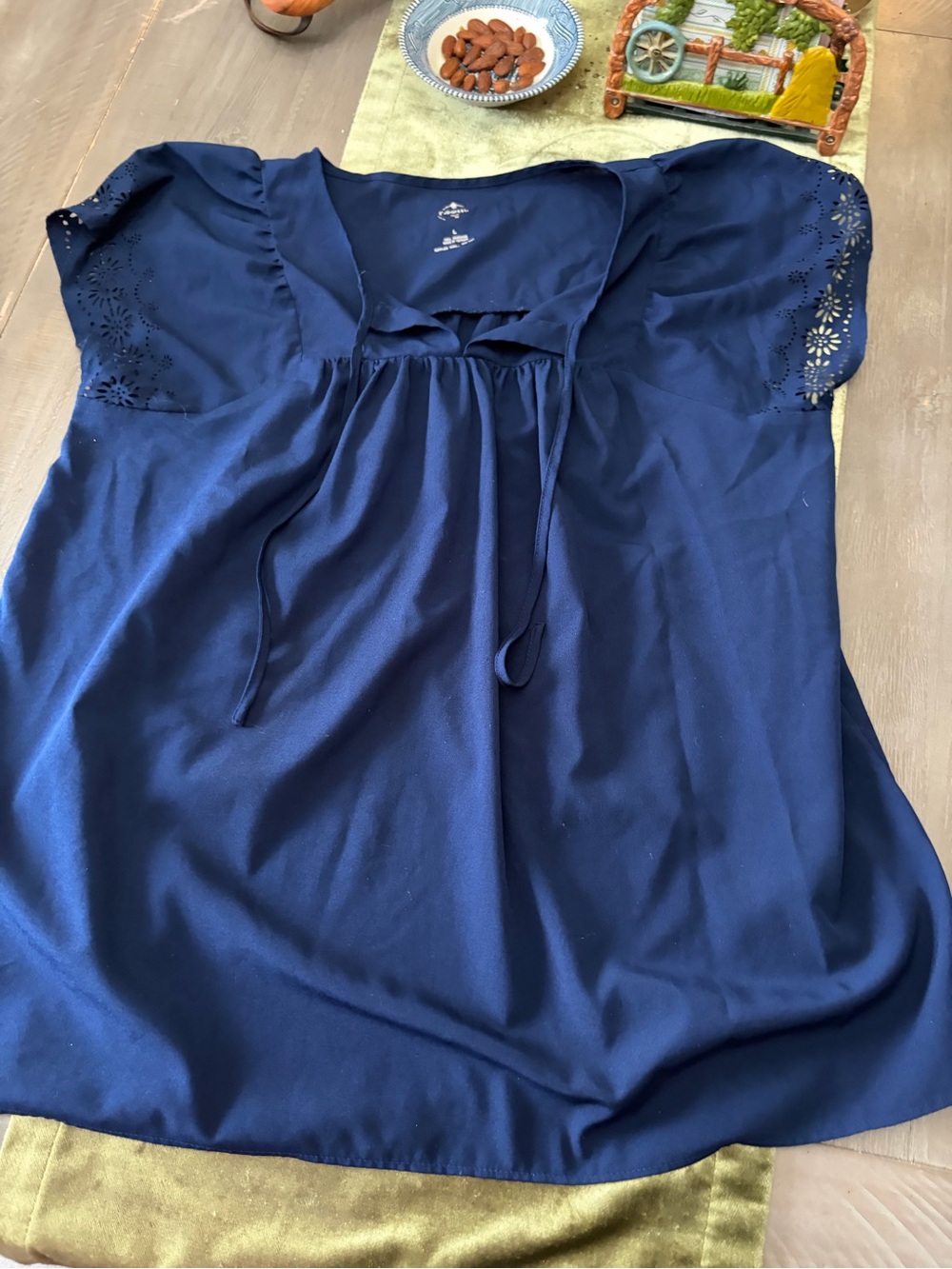 St. John Navy Tie-Neck Eyelet Sleeve Blouse